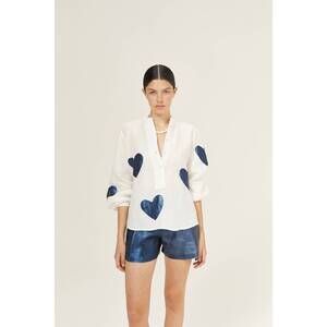 NEW LANHTROPY metallic cupid shirt in off-white w/foil dark blue hearts